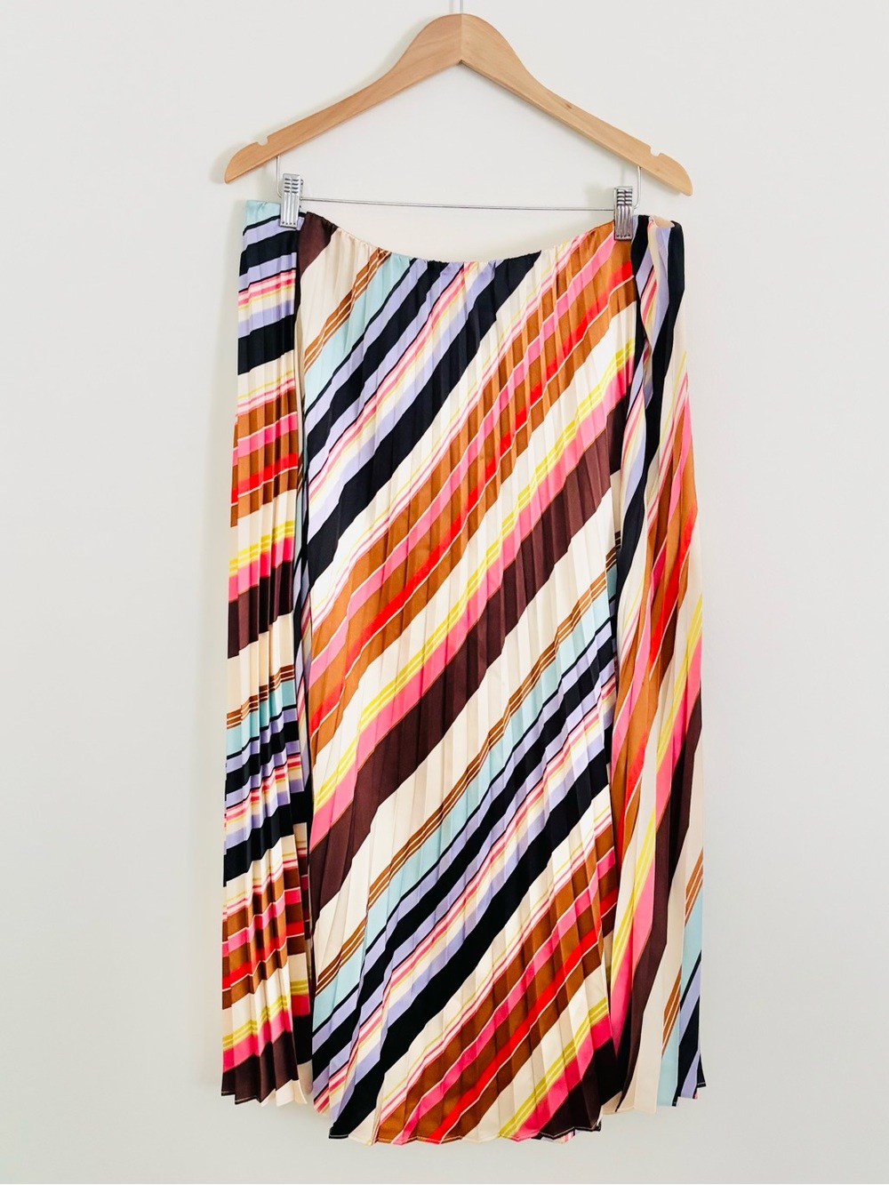 On 34th Pleated Satin Midi Skirt in Multicolor Stripe